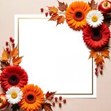 Autumn-themed floral frame with vibrant gerbera daisies, leaves, berries, and apples surrounding a blank card.
