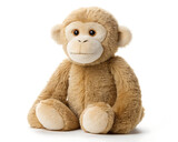 A stuffed monkey toy sitting upright with a soft fur texture and a neutral expression on a white background