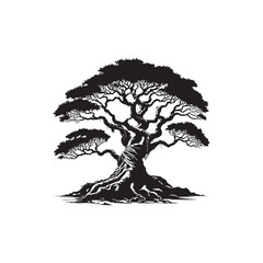 Banyan Tree Silhouette in Black on White Background.
