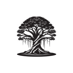 Banyan Tree Silhouette in Black on White Background.