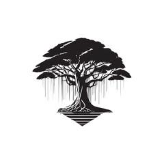 Banyan Tree Silhouette in Black on White Background.