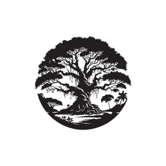 Banyan Tree Silhouette in Black on White Background.