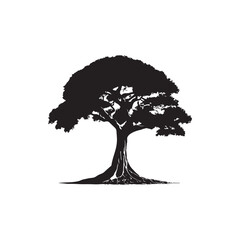 Banyan Tree Silhouette in Black on White Background.