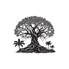 Banyan Tree Silhouette in Black on White Background.