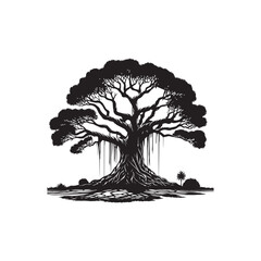 Banyan Tree Silhouette in Black on White Background.