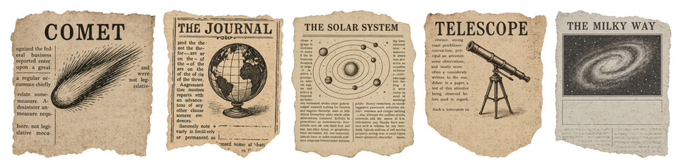 PNG Vintage astronomy newspaper clippings, element set on transparent background