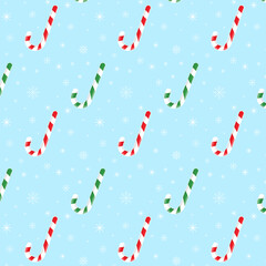 Wall Mural - Christmas seamless pattern with candy cane and snowflakes.Winter snowflake on light blue background.Snow repeat pattern.Vector graphic illustration new year background.