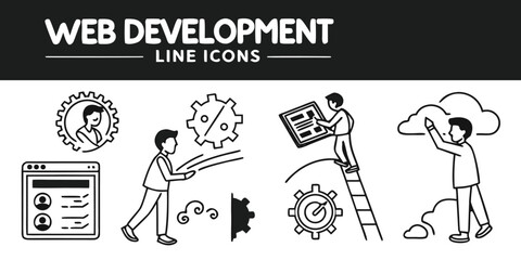 Vector art of web development line icons showcasing various aspects of website creation and online technology