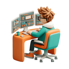 Cartoon developer working on multiple monitors, isolated programmer, digital profession