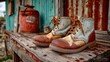 © Abu - Rustic boots and rusty can on weathered wood