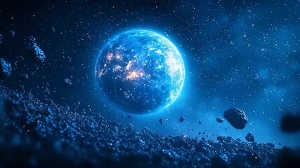 Wall Mural - Planet surrounded by space debris in the night sky