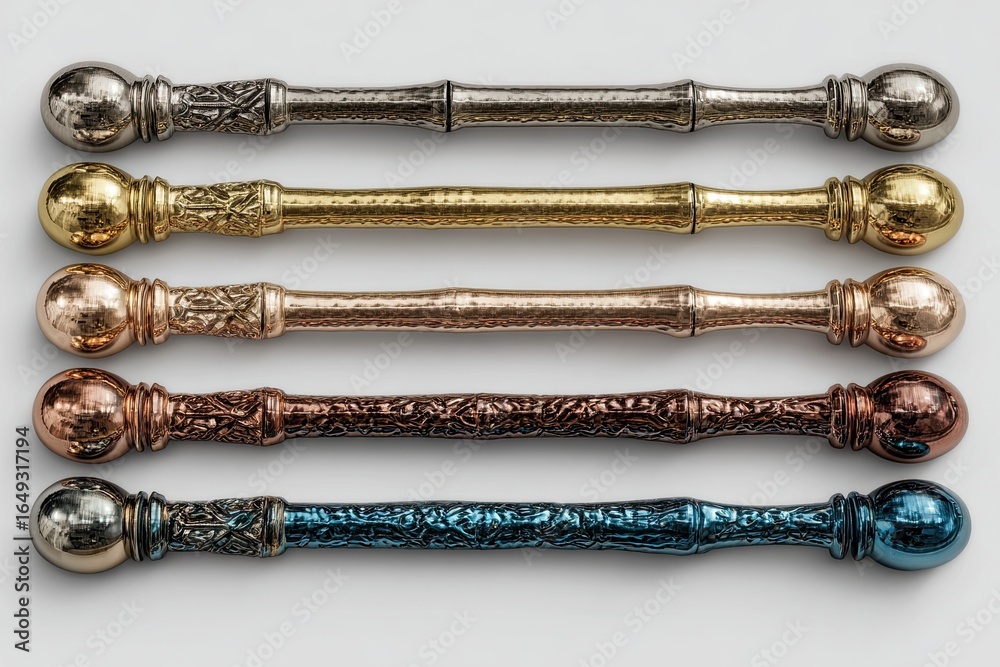 Stamped Rods Five decorative rods in various metallic colors, with textured surfaces ...