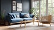 © PURPLE - Cozy living room with a deep blue sofa, light wooden furniture, and large windows
