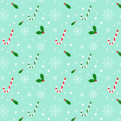 Wall Mural - Christmas seamless pattern with snowflakes, candy canes and holly leafvesWinter snowflake on light green mint background.Snow repeat pattern.Vector graphic illustration new year background.