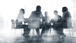 © Prime Lens - A group of business professionals gathered in a boardroom with glass walls, depicted in the style of double exposure photography against a white background
