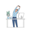 © Amir - A relaxed woman in a blue shirt stretching her arms over her head at an office desk.