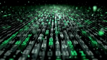 Digital data stream of green binary code on black background. Cyber security, big data, and computer programming concept. Abstract technology visualization.