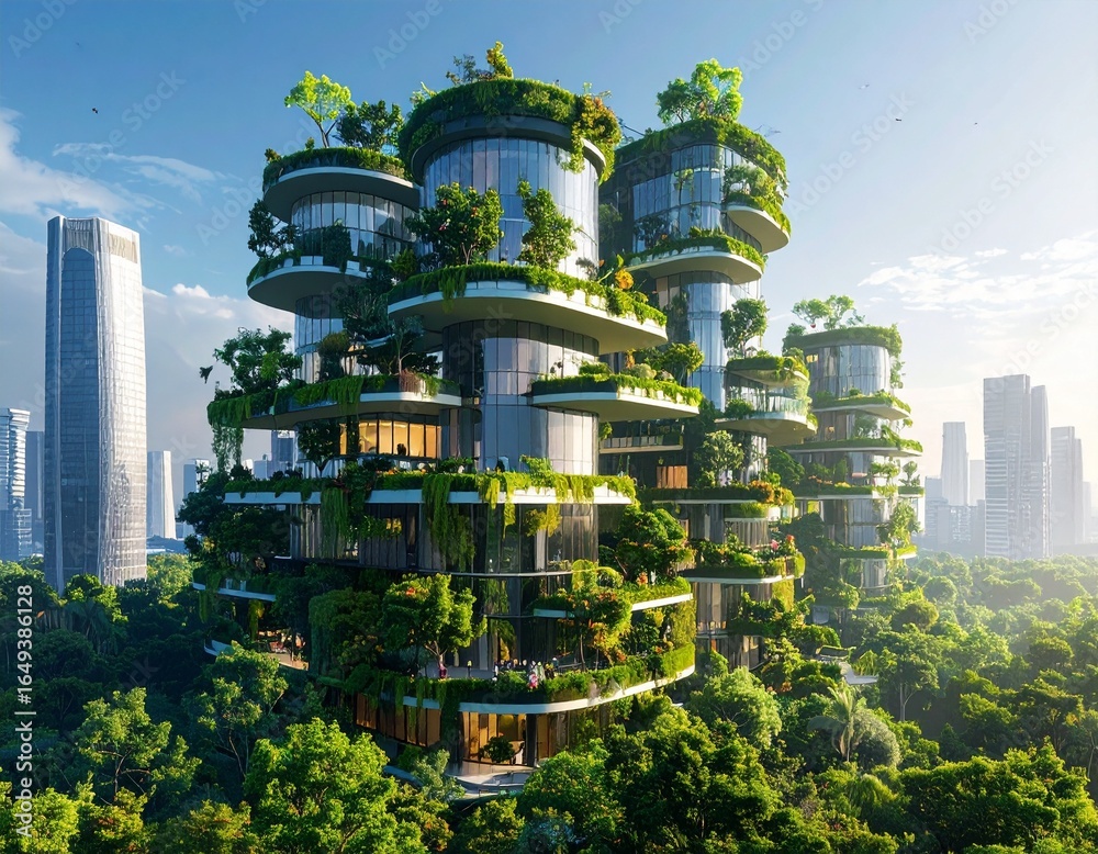 Biophilic skyscraper with vertical gardens Stock Illustration | Adobe Stock