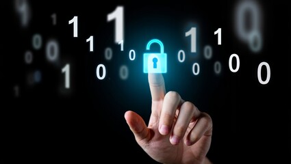 Cyber security concept with open padlock and hand touching screen for data protection