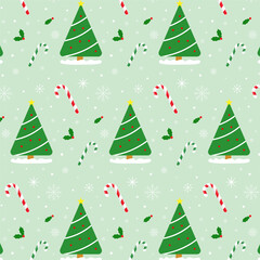 Wall Mural - Christmas seamless pattern with tree, snowflakes, candy canes and holly leaves.Winter snowflake on light green background.Snow repeat pattern.Happy new year vector graphic illustration wallpaper.