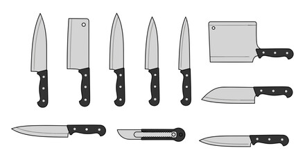 Illustration showing a variety of kitchen knives including chef knives and a meat cleaver on white