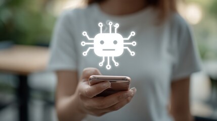 Person using smartphone displaying digital robot