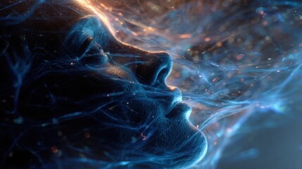 Wall Mural - Particles and smoke envelop a woman's face, creating a visualization of neurodivergent joy and inner peace, suggesting a deep connection between mind and body