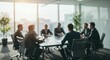 ©  Yassine DS - Professional business team collaborating around conference table in bright modern office with floor-to-ceiling glass windows