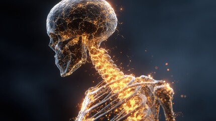 Wall Mural - Skeletal visualization portraying advanced osteoporosis, revealing bone density degradation with luminescent particles illuminating compromised bone structure against shadowy medical backdrop