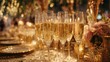 © Ainun - Champagne flutes filled with bubbly golden liquid, on a table adorned with gold accents and floral arrangements