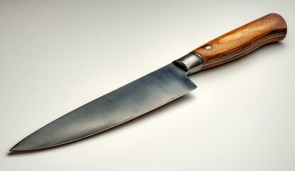 A high-quality chef's knife,  steel blade with wooden handle