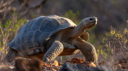 Wall Mural - galapagos giant tortoise walking slowly on volcanic rocks in its natural habitat, illuminated by the