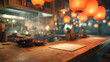 © Taiwo - Tokyo food Chinese lantern night. Sushi master in an Asian restaurant with illuminated glowing lanterns hanging from the ceiling blurred background. Empty Asian street market, interior of restaurant.
