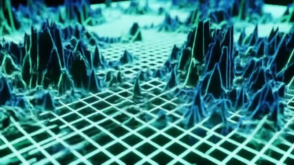 An abstract, vibrant, and textured digital rendering showcases a complex three-dimensional landscape with a grid pattern, creating an intriguing visual representation.