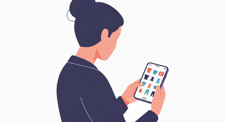 Modern woman shopping online using phone app for fashion clothes and accessories, seamless digital consumer experience, vector illustration