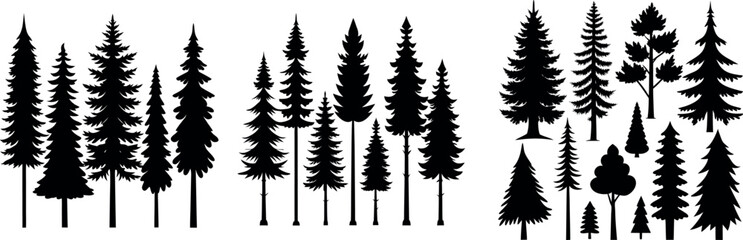 Forest tree silhouettes collection. Pine trees horizontal pattern panorama backgrounds. Vector illustration