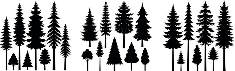 Forest tree silhouettes collection. Pine trees horizontal pattern panorama backgrounds. Vector illustration