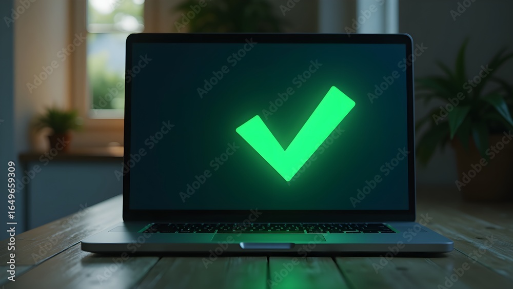 Approve Sign Computer Flat Laptop Displaying Green Check Mark Symbolizing System Approval ...