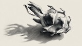 Detailed monochrome pencil drawing of a dragon fruit casting a long shadow on paper