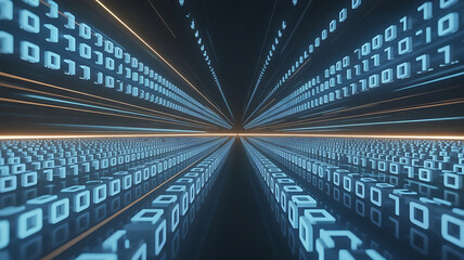 An immersive 3D cyberspace tunnel with rows of glowing blue binary code blocks extending into the distance, representing data flow and technology.