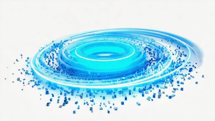 Wall Mural - bright blue circular portal emitting glowing rings of energy and scattering small blue cubes on a cl