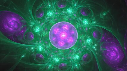 Wall Mural - glowing purple and green orbs and swirling patterns create a mesmerizing fractal design, radiating v