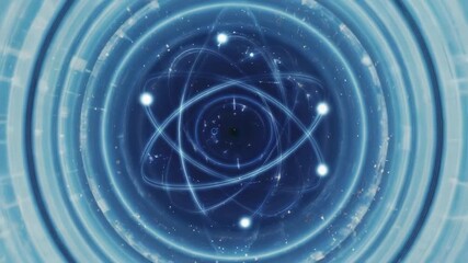 Wall Mural - electrons are orbiting an atom, generating energy and creating a futuristic blue glow, perfect for i