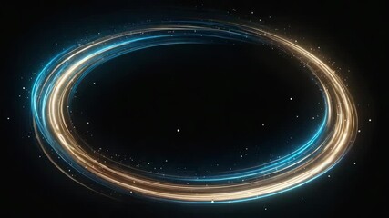 Wall Mural - multiple glowing swirling blue and gold light trails are forming an oval shape against a black backg