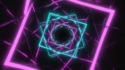 Wall Mural - glowing cyan and purple neon squares are rotating and creating a tunnel effect on a dark background,