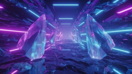 Wall Mural - vibrant neon lights illuminate a crystal cave tunnel, creating a mesmerizing spectacle with reflecti