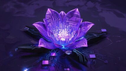 Wall Mural - purple futuristic lotus flower with glowing circuits is emerging from a dark technological surface w