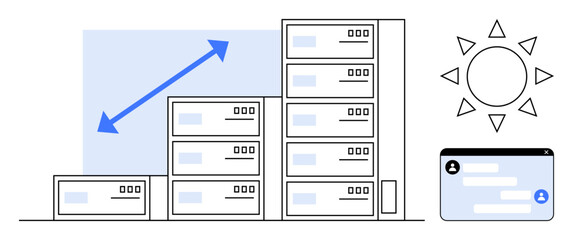 Stacks of data servers with upward arrow, sun icon, communication panel. Ideal for technology, growth, innovation, communication, progress, digital strategy simple landing page