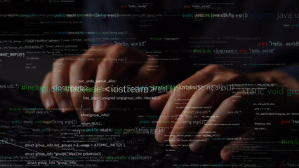 dynamic image of hands typing on a keyboard, surrounded by coding text, symbolizing the process of p