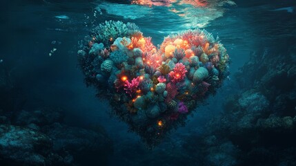 Wall Mural - A surreal deep-sea heart made of coral and glowing bioluminescent lights, underwater fantasy